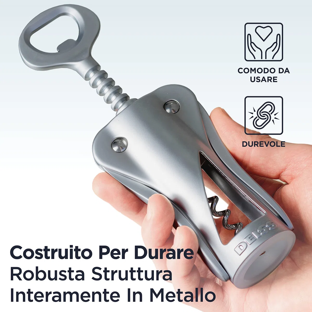 Apribottiglie per vino Deiss Lux, cavatappi ad alta interamente in metallo con apribottiglie per birra incorporato - tappatore ergonomico per vino