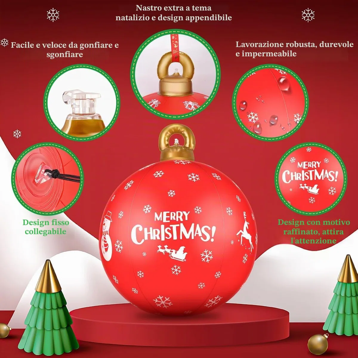 KAHEIGN 2 Pezzi Palline di Natale Gonfiabili Giganti, 60CM Rosso Fiocco di Neve Palle Decorativa Natalizio Gonfiabile in PVC per Natale Interno Esterno Casa Giardino Prato Cortile Portico Decorazione