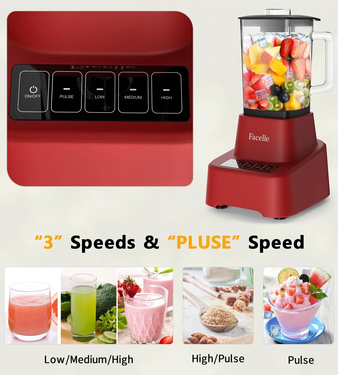 Facelle Frullatore Elettrico per Cucina, Frullatore in Vetro da 1,6L per Frullati e Frappè, con touchscreen 3+P Velocità, Spazzola per la Pulizia e Lama in Acciaio Inox Removibile - Rosso