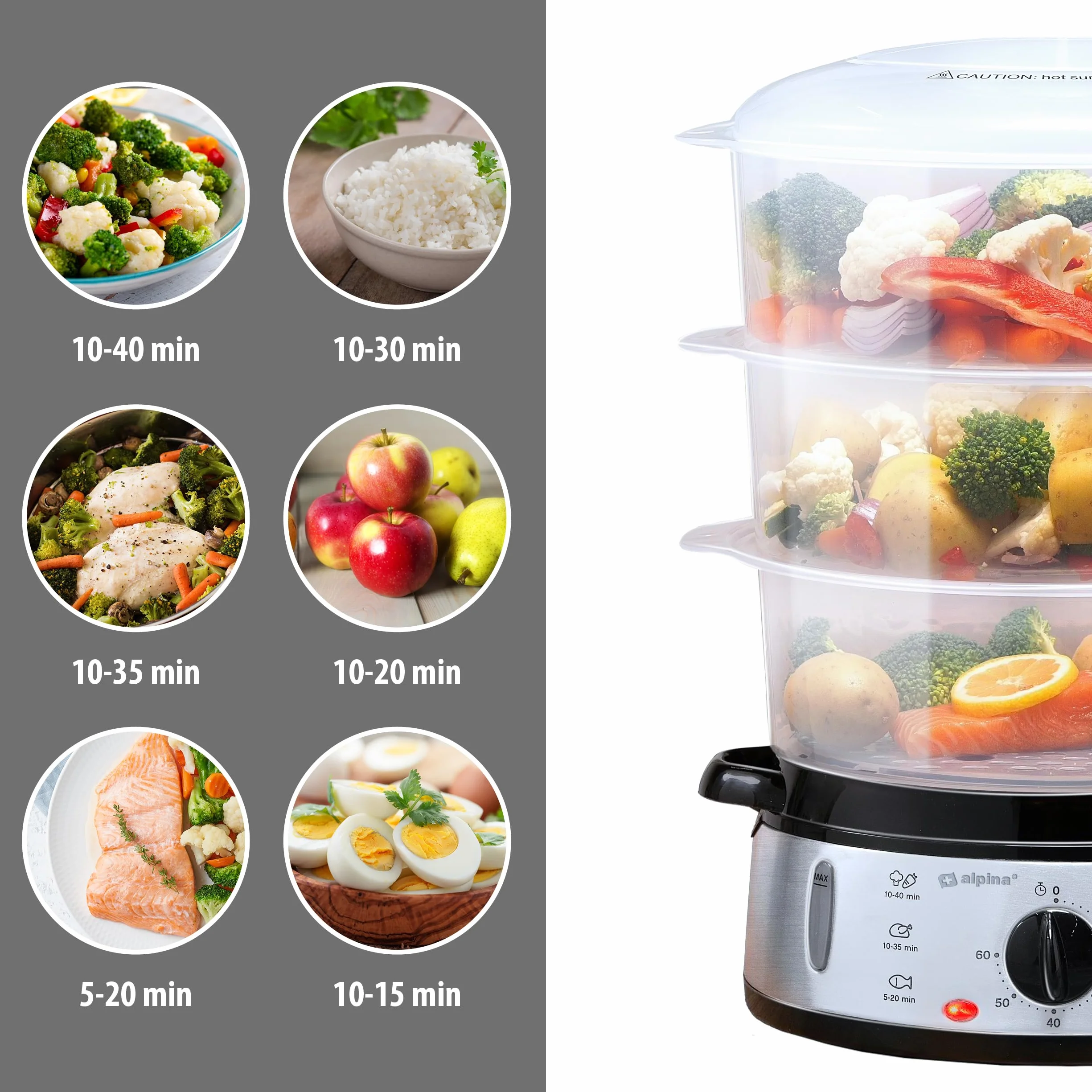 alpina Vaporeira Elettrica - Pentola a Vapore 800W - Steamer Vapore 3 Strati - Vaporiere Elettriche Senza BPA - Lavabile in Lavastoviglie - Da 0 a 60 Minuti - Capacità 9L - Grigio