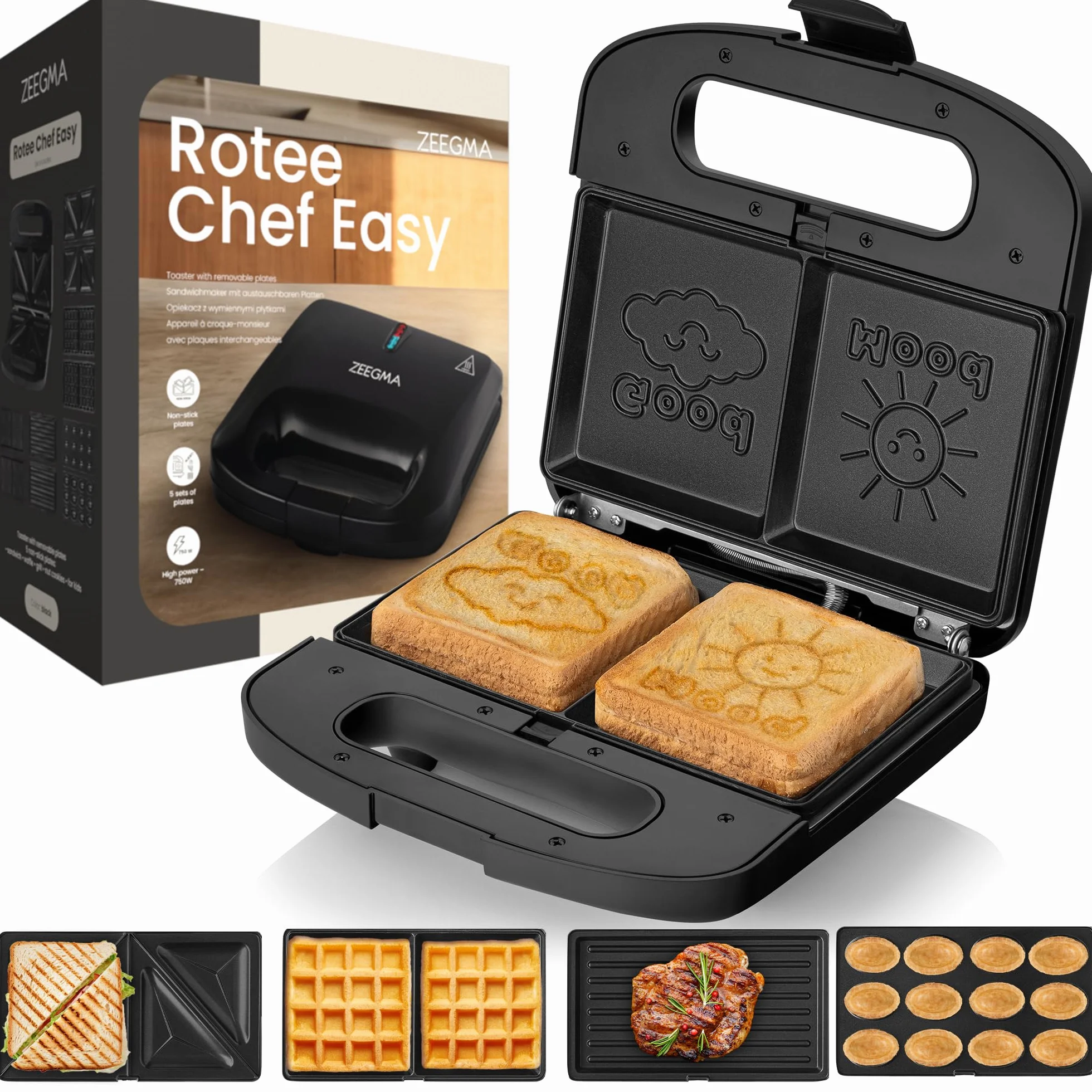 ZEEGMA ROTEE CHEF EASY Tostiera Multifunzione 750 W 5 in 1, per Toast Pane Waffles Panini Biscotti Griglia, Tostapane, Piastre antiaderenti Protezione dal Surriscaldamento