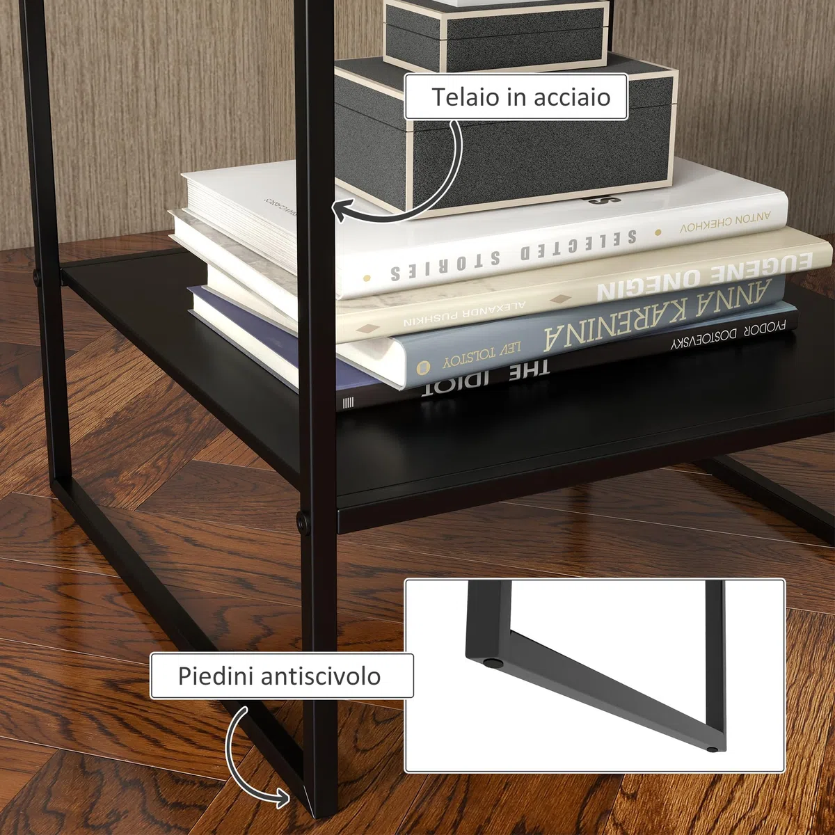 HOMCOM Tavolino da Salotto in Stile Industriale a 2 Ripiani, Comodino Moderno in Acciaio 40x40x45cm, Nero