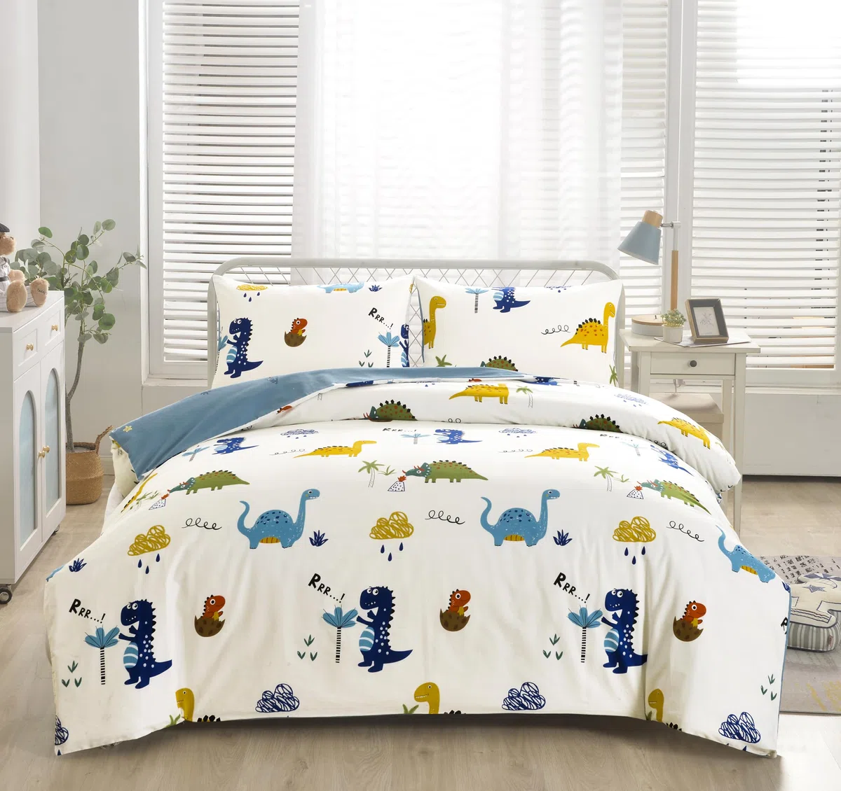 Lunoroey, Set di biancheria da letto con copripiumino per bambini, misura doppia, 100% cotone, per ragazzi e ragazze, con motivo di dinosauri, morbido cotone per tutte le stagioni, copripiumino e