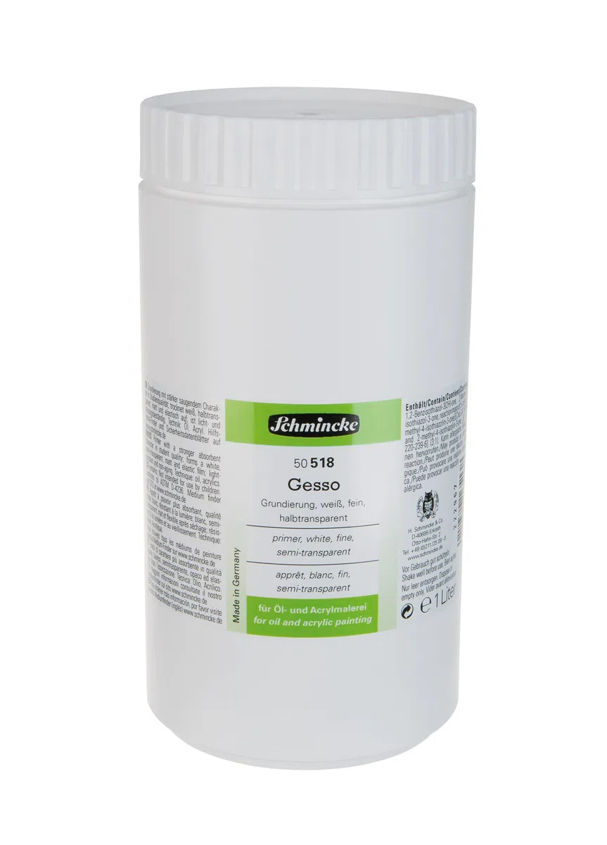 Schmincke - Gesso, flacone da 1000 ml, 50 518 051, 1 L, bianco, semitrasparente, imprimitura resistente alla luce e all'invecchiamento per colori ad olio e acrilici, pronto all'uso, imprimitura per tele