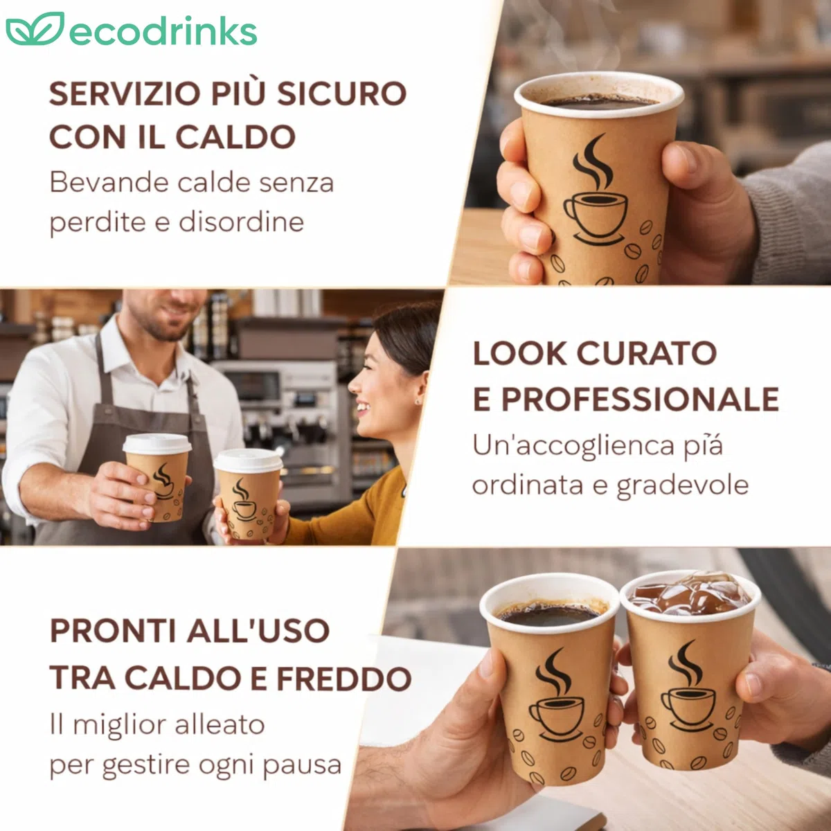 1000 Bicchieri di Carta con Coperchio da 120ml - Rivestimento Interno Impermeabile, Biodegradabile, Look Professionale - Per Bar, Ufficio, Eventi - Colore Avana e Grafica Caffè