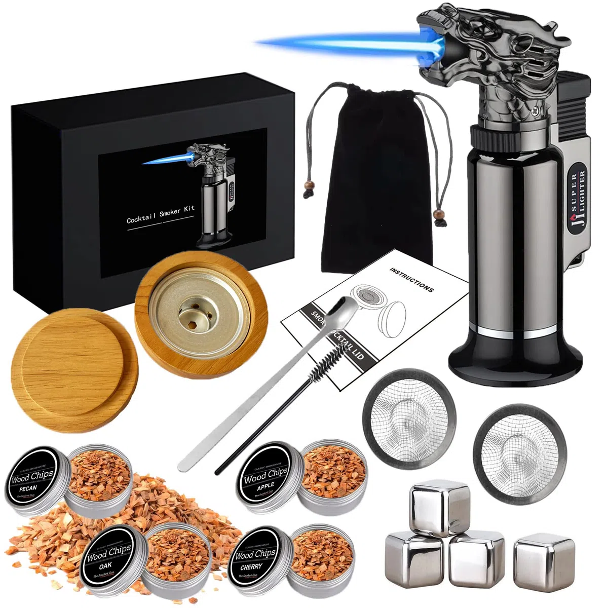 Affumicatore Whisky, Kit per Affumicatore per Cocktail con Torcia, Kit Affumicatores per Bevande con 4 Gusti di Trucioli di Legno, 4 Pietre per Whisky, Regalo per Padre, Marito e Amanti dei Cocktail