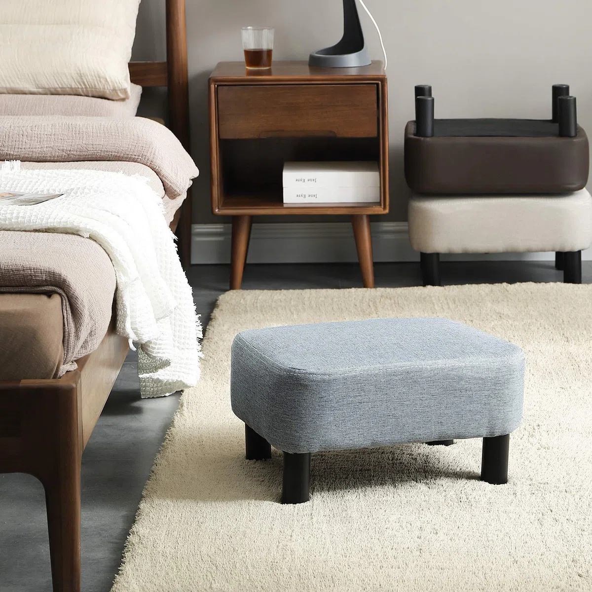 IBUYKE Poggiapiedi Piccolo, Pouf in Tessuto di Lino, Ottomana Rettangolare con Seduta Imbottita Gambe in Legno di Pino e Imbottite, Grigio Chiaro RF-BD214-D