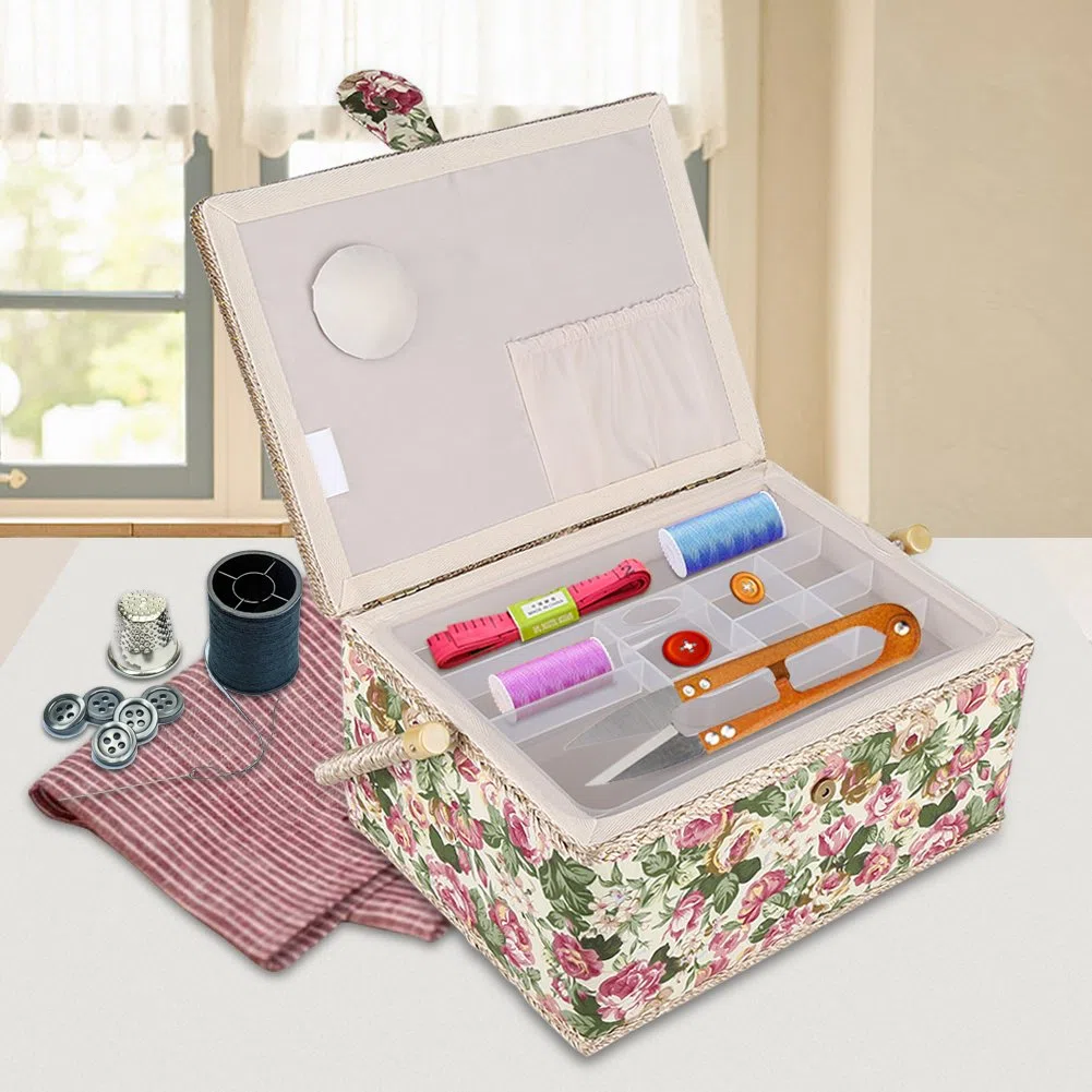 Scatola da cucito cestino da cucito, motivo floreale a rosa, cestino da cucito stampato con manico ergonomico per organizzatore domestico, 30,5 x 23,1 x 15,5 cm