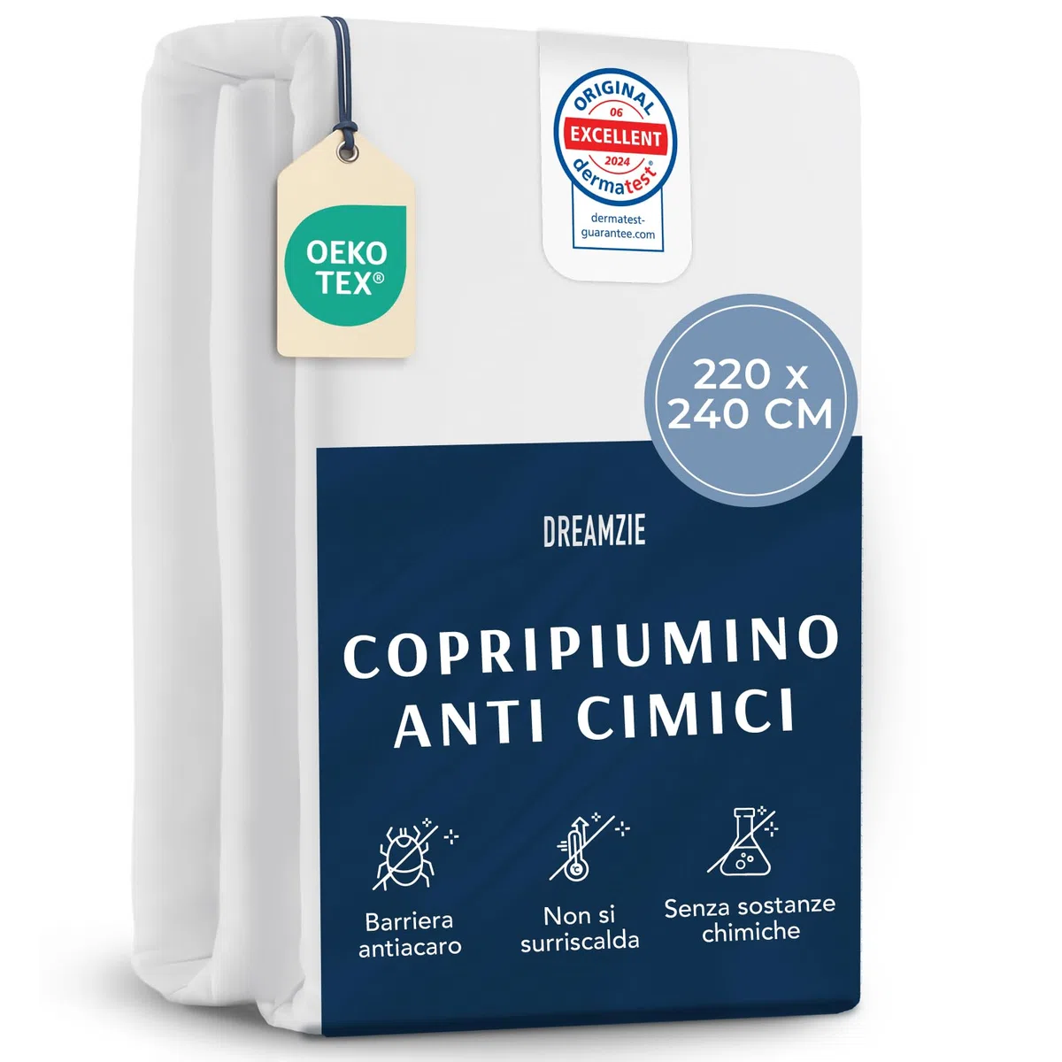 Dreamzie - Copripiumino Antiacaro 220x240 cm - Copri Piumone Protettivo con Cerniera - Barriera Contro Acari e Allergeni - Lavabile a 95°C"