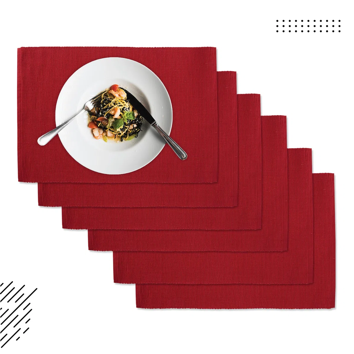 Encasa XO Set di Tovagliette per Tavolo da Pranzo Set da 6 | Colore Rosso solido | Tovaglietta in Cotone a Coste Sottili | Dimensioni 48x32 cm | Lavabile in Lavatrice