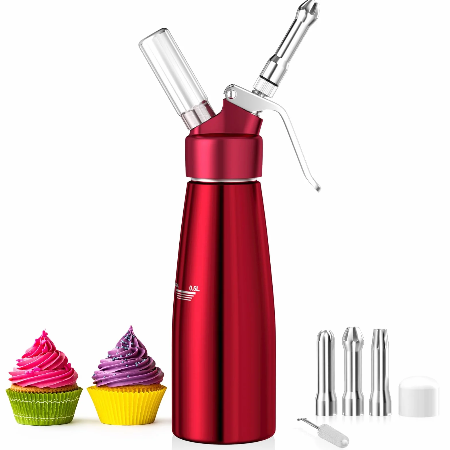 Newaner 500ml Sifone Panna Montata, sifon da Casa e Cucina Alluminio con 3 Ugelli in Acciaio Inox e 1 Spazzola da Pulizza, per Decorazione Torte di Compleanno Pasticceria Panna Gelato e Dessert