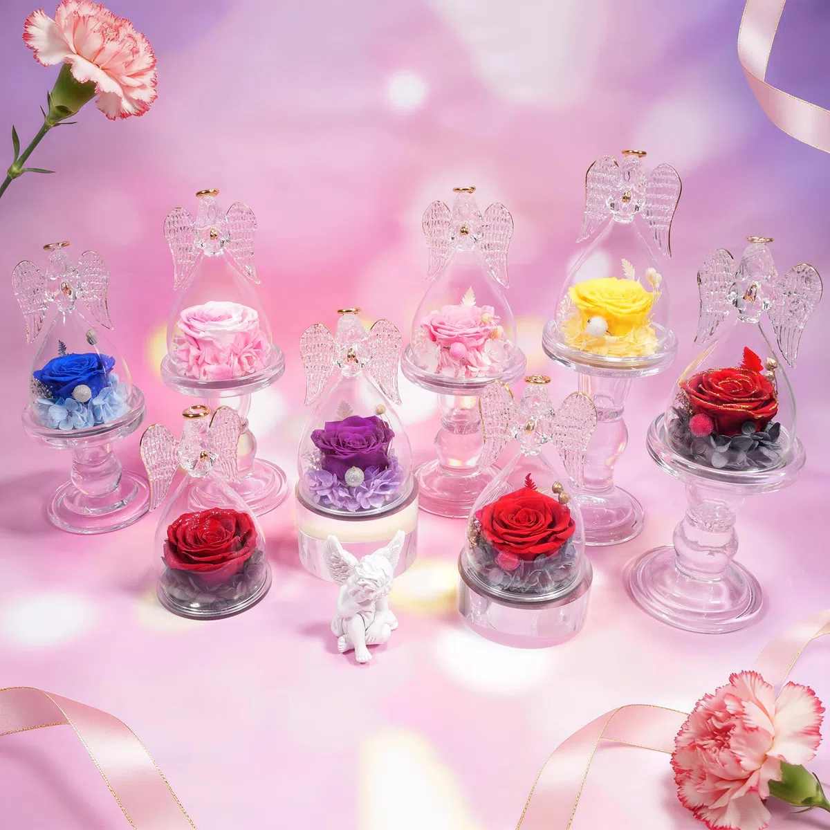 Sunia Rosa Eterna Regalo Donna, Rosa Stabilizzata Vera in Angel Cupola, Angelo Figurine di Vetro per Mamma e Nonna, Regali Compleanno, Natale, San Valentino e Festa della Mamma