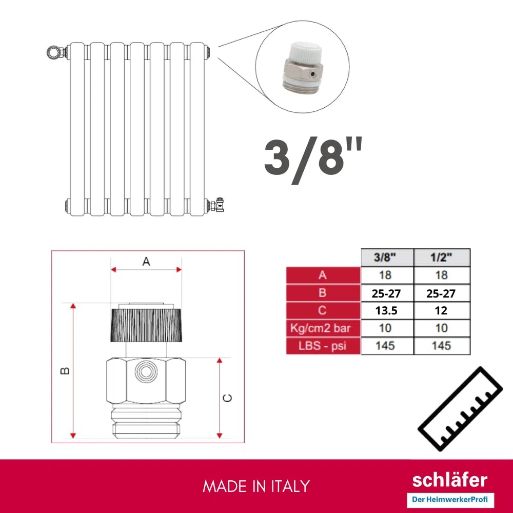 Schläfer - Valvole Sfiato Radiatore 3/8 Pollici (Ø16,7mm) | Valvolina Spurgo Manuale 704010 per Termosifoni e Scaldasalviette | Sfiato Aria Professionale Termoarredo | Ricambio Universale, Kit 10 Pz.