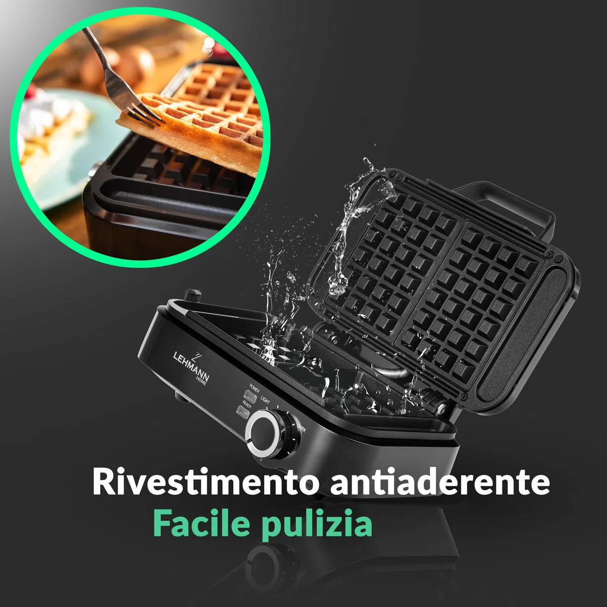 LEHMANN Piastra per Waffle Doppia, 1200W, Pronta in 3 Minuti, Regolazione della Temperatura fino a 240°C, Rivestimento Antiaderente, Pulizia Rapida e Facile, Waffle Spessi 12,5 x 8,5 x 2 cm