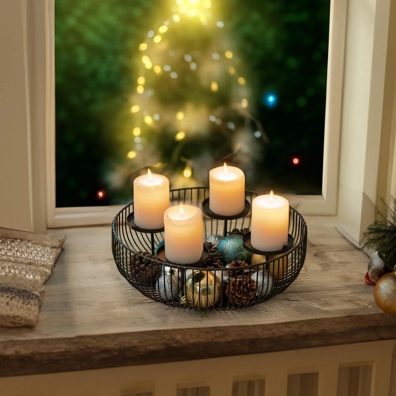Sziqiqi Portacandele Corona Avvento Moderna Metallo, Black Advent Arrangement Advent per 4 Candele a Colonna, Candelabri Corona d'Avvento Rotonda per Decorazione Natalizia Avvento