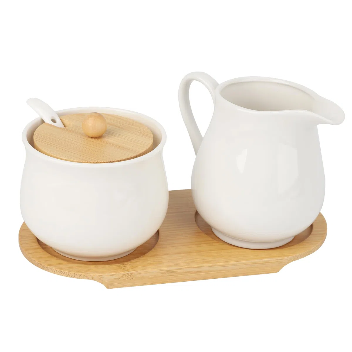 Set di latte e zucchero, set di porcellana per servire caffè e tè con coperchio e cucchiaio, zucchero e brocca con supporto in legno, adatto per microonde e lavastoviglie (bianco)
