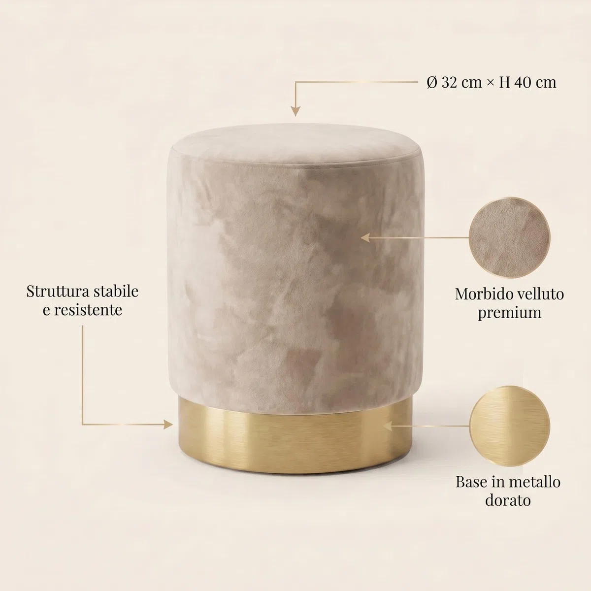 INTRECCI Pouf Cilindro in Velluto con Base Oro Elegante | Sgabello Poggiapiedi Imbottito per Salotto e Camera da Letto | Poltroncina Rotonda, Design Moderno | Ø 32 x H 40 cm – Colore: Beige