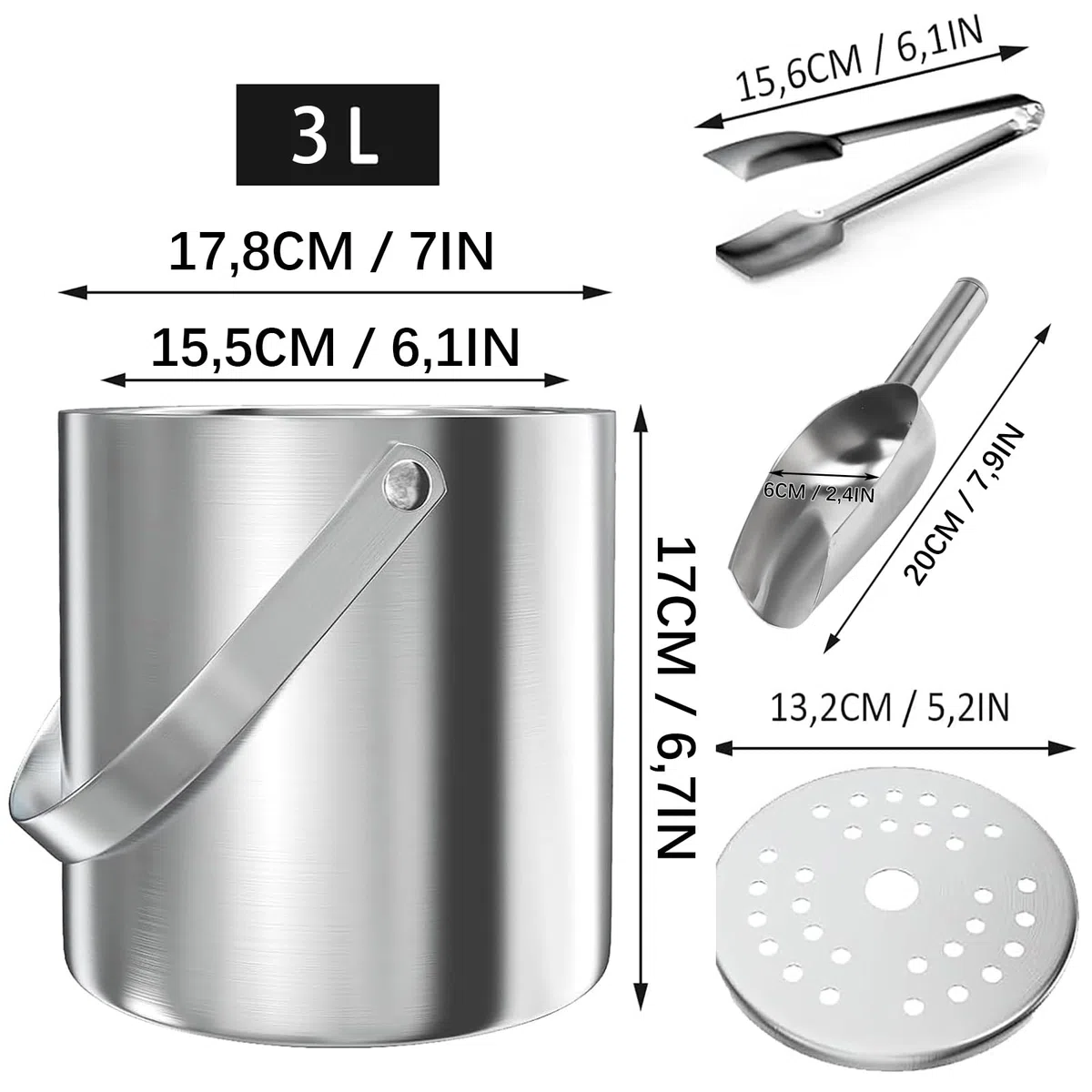 Secchiello Ghiaccio, secchiello per Ghiaccio Rotondo con Pinze per ghiaccio, Contenitore per Cubetti di Ghiaccio da 3 Litri, Secchiello per Ghiaccio in Acciaio Inox con Paletta, per Raffreddare Birra