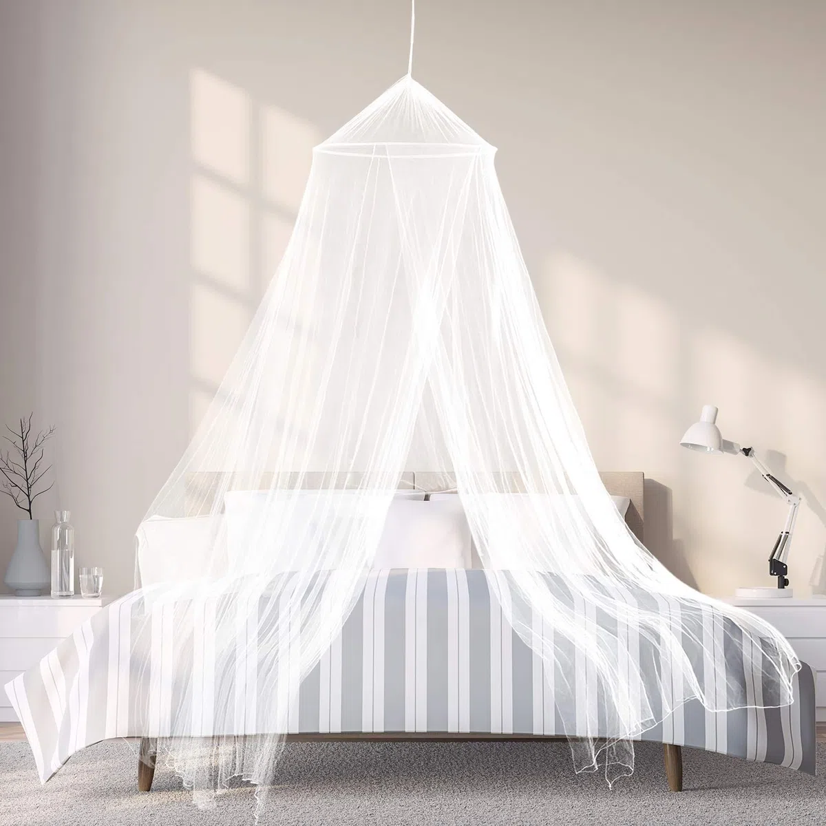 Zanzariera – Grande zanzariera (oltre 12 metri) con maglie particolarmente sottili per letto matrimoniale, letto familiare o esterno – con accessori da viaggio