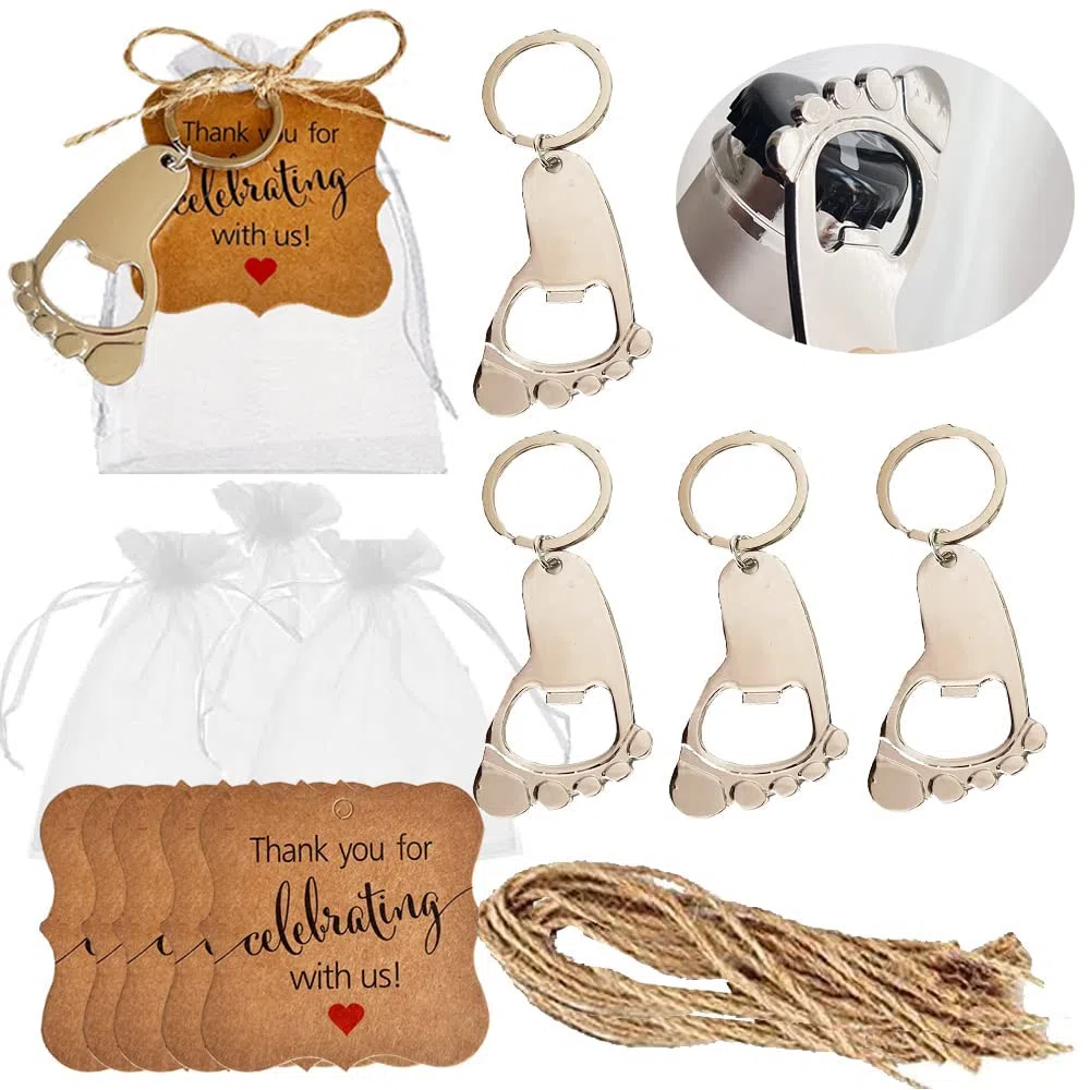30 Pezzi Impronta Portachiavi Apribottiglie con Borse e Carta Baby Shower Favors per Guest Baby Shower Premi Festa di Compleanno Favore Regali, Argento