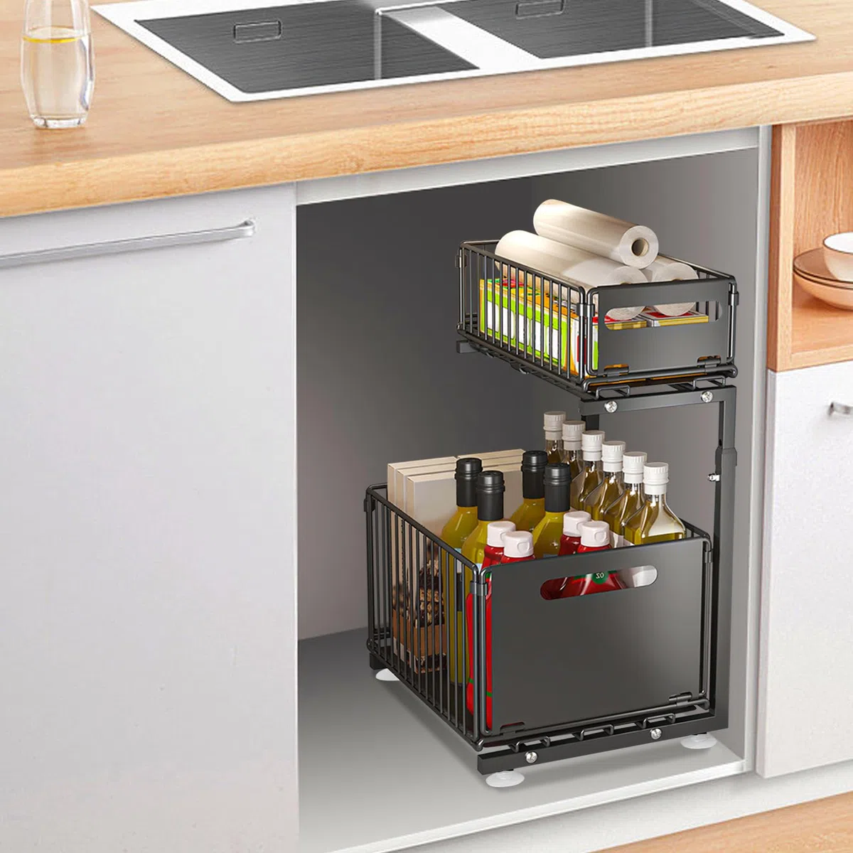 HUOLE Organizer sotto lavello a 2 livelli, organizer da cucina, ripiano sotto lavandino, portaspezie, cestino portaoggetti scorrevole in metallo, per cucina, bagno, camera da letto (26,5 x 38 x 48,5