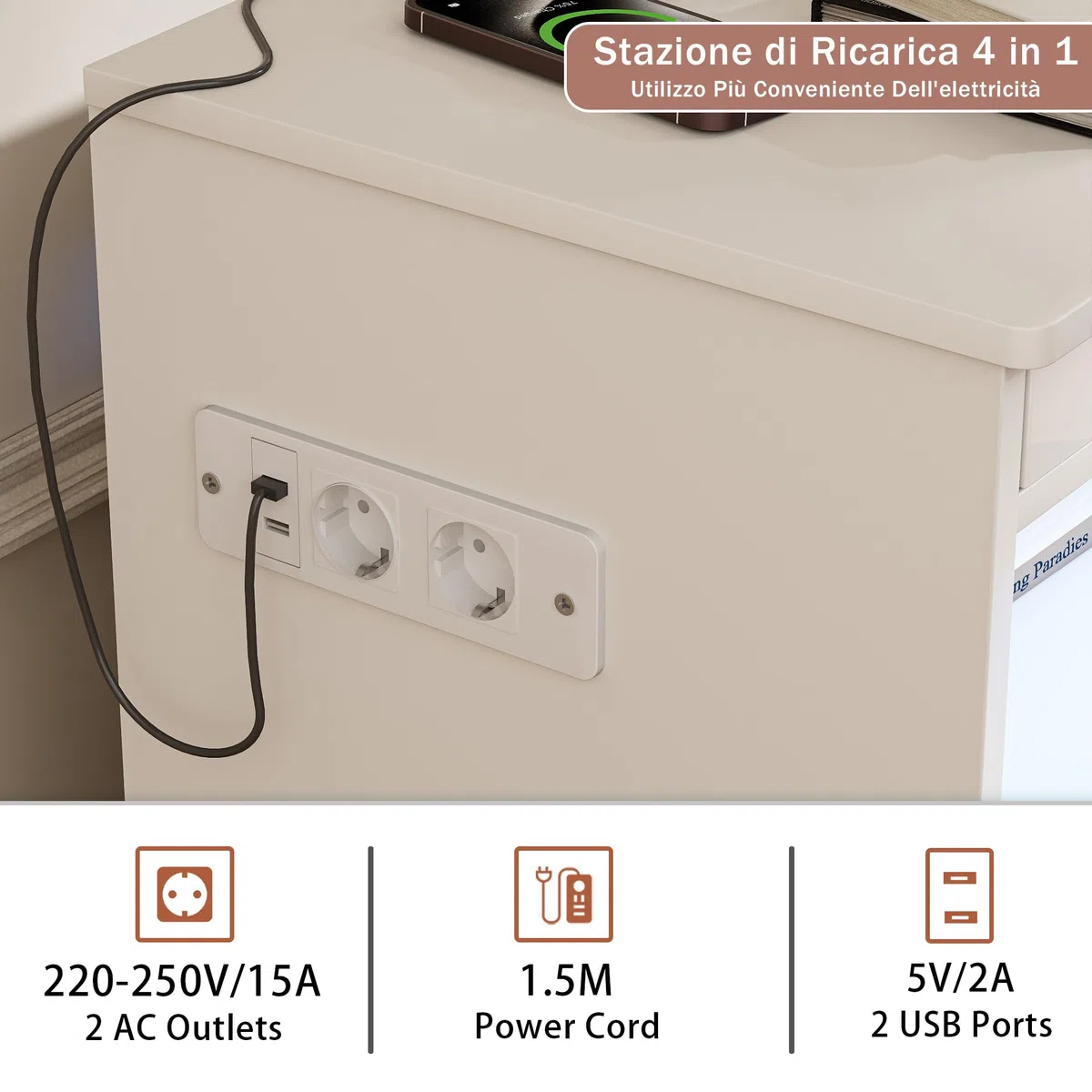 Comodini Camera da Letto con 2 Prese AC/2 Porte USB E 1 Luce LED RGB, Comodino con 2 Cassetti E 1 Ripiano Estraibile E 1 Divisorio Aperto,Salvaspazio per Camera da Letto E Studio (45x40x58cm, Bianco)