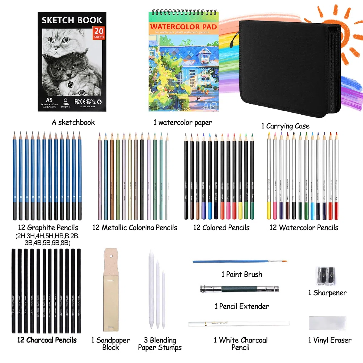 Kit Disegno Professionale, 76 Pezzi Set Matite Colorate, Artistico per Schizzo, Principianti Bambini Adulti