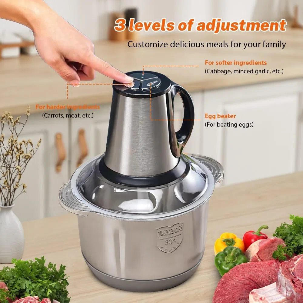 Tritatutto elettrico con ciotola in acciaio inox 4L, tritacarne multifunzione 500 W, 4 lame in acciaio inox, tritacarne per tritare carne, cipolla, erbe, frutta secca veloce e senza sforzi, colore