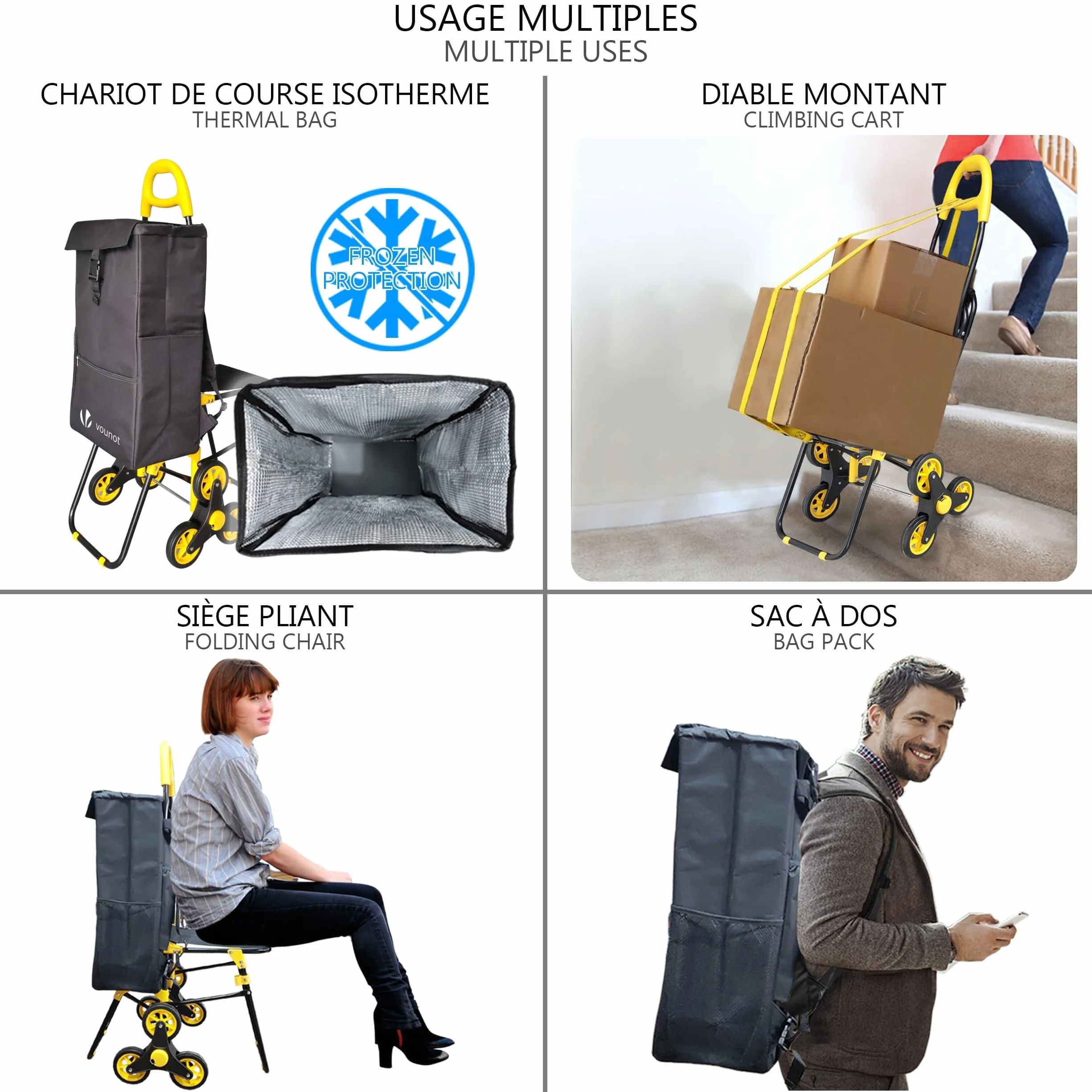 VOUNOT® Carrello Spesa Pieghevole con 3 Ruote e Seduta, Carrello Portaspesa per Saliscale con Borsa Termico, 40 L