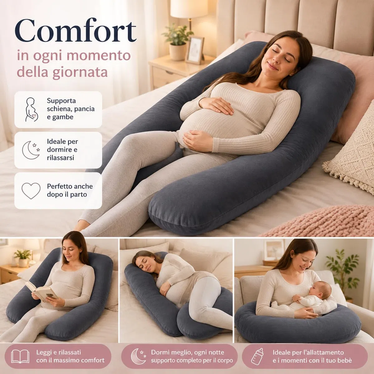 Cuscino Gravidanza per Dormire a Forma di U - Cuscino Allattamento e Premaman - Supporto Ergonomico per Schiena, Pancia e Gambe - Federa in Velluto Sfoderabile e Lavabile