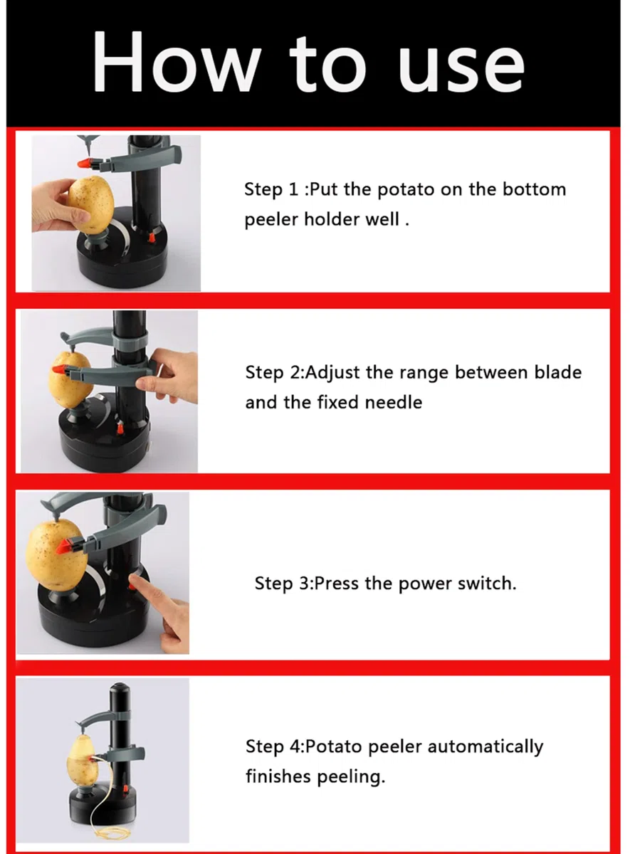 Sbucciatore Elettrico di Patate, Pelapatate Automatico a Rotazione con 6 Lame di Ricambio, Affettatrice per Frutta e Verdura, Strumento da Cucina per Sbucciare (Batterie Non Incluse)