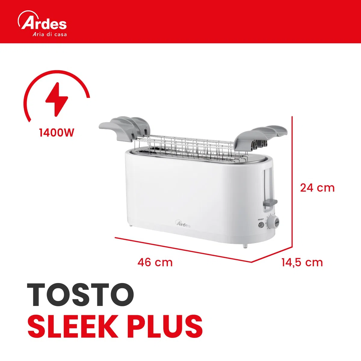 Ardes TOSTO SLEEK PLUS ARTOAST02 – Tostapane a 4 fette con pinze in acciaio inox, 7 livelli di doratura, 3 funzioni, vassoio raccogli briciole rimovibile e design elegante