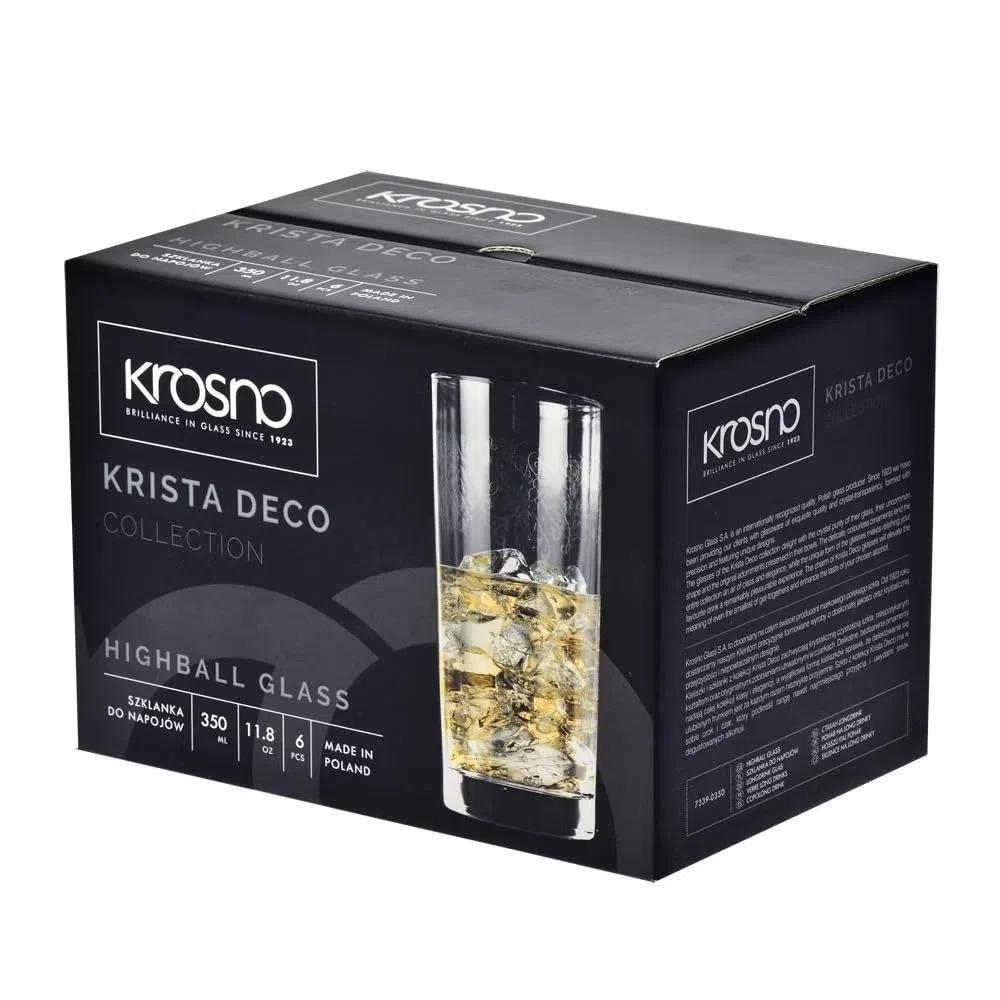Krosno – Bicchieri Long Drink 370 ml – Set da 6 Pezzi – Collezione Krista Deco – Cristallo Senza Piombo – Design Elegante con Motivo Trasparente