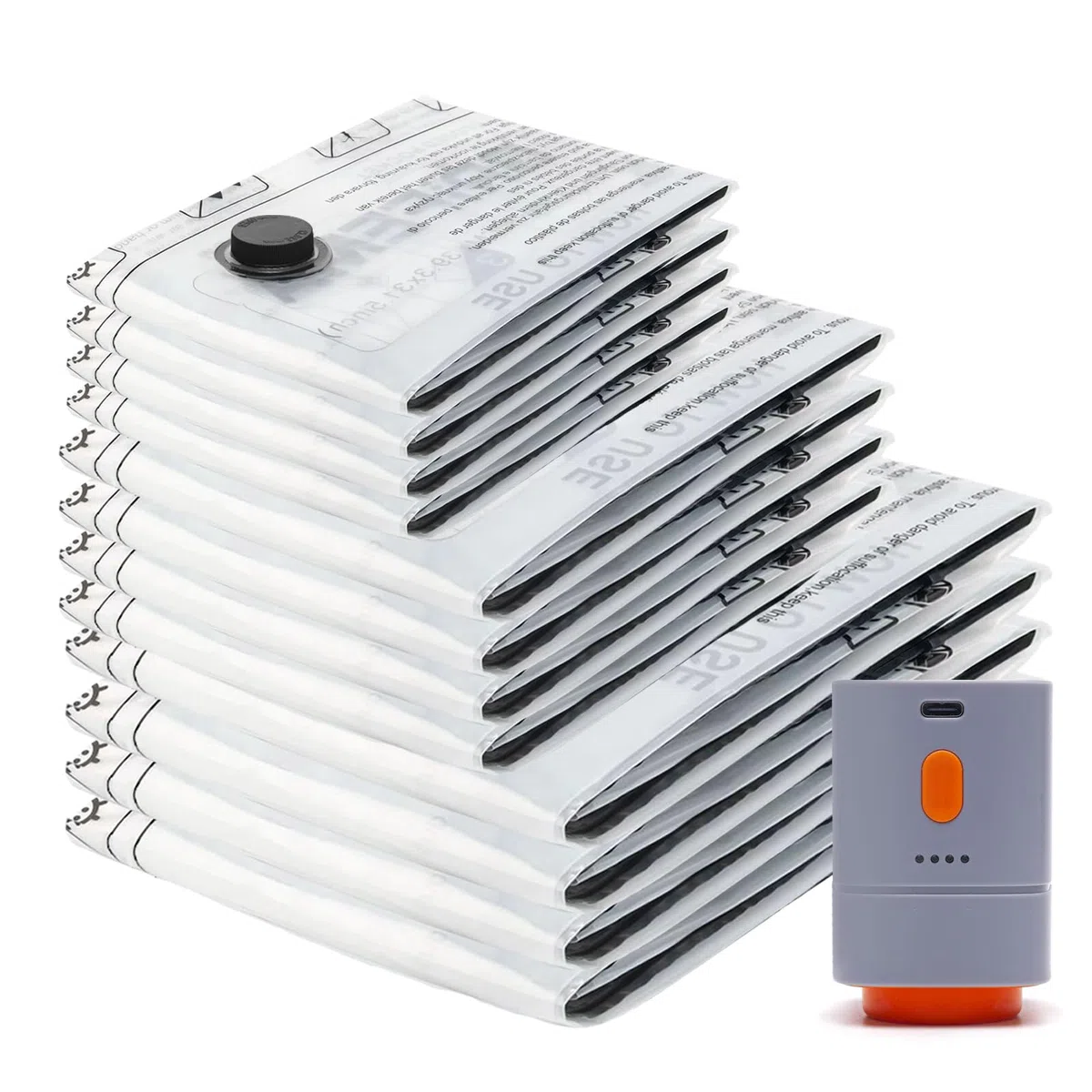 Sacchi Sottovuoto con Pompa Senza Fili - Set da 12 Pezzi (4x40x50cm, 4x50x70cm, 4x60x80cm) Riutilizzabili per Abiti, Viaggio e Conservazione, Include Pompa Elettrica Ricaricabile