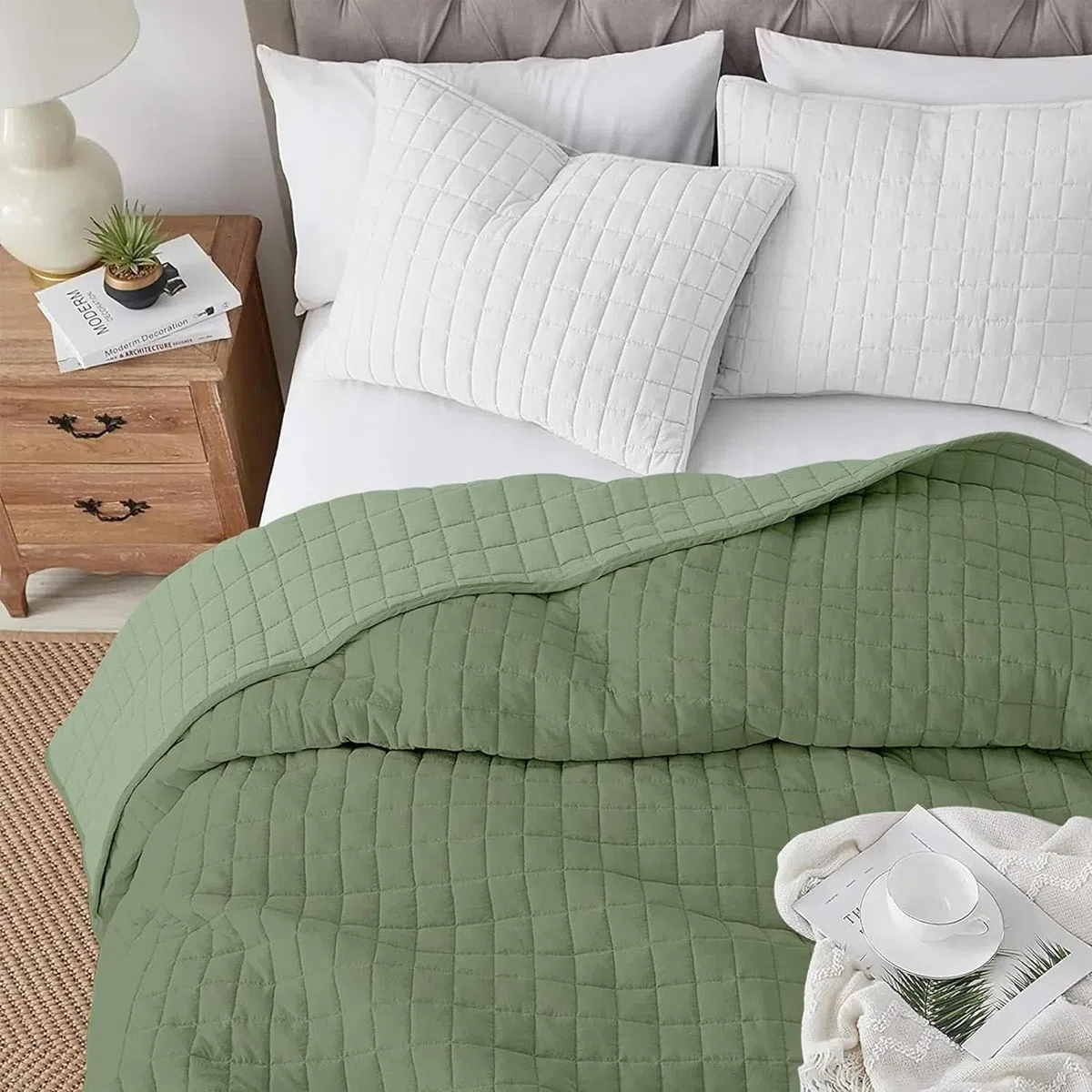 IL BOTTEGONE Copriletto Trapuntato Trapuntino Matrimoniale Primaverile Estivo Made in Italy, Trapunta Leggera 2 Piazze 260x260 cm Primavera Estate Autunno (Verde/Salvia)