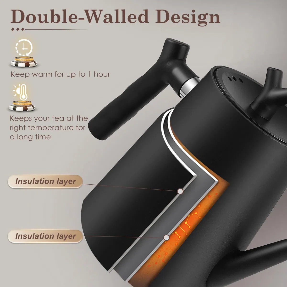 Teiera termica con colino da tè, 1,5 litri, in acciaio inox, a doppia parete, colore nero, con filtro per tè e caffè, 100% antigoccia, adatta a tutti i piani cottura, design moderno