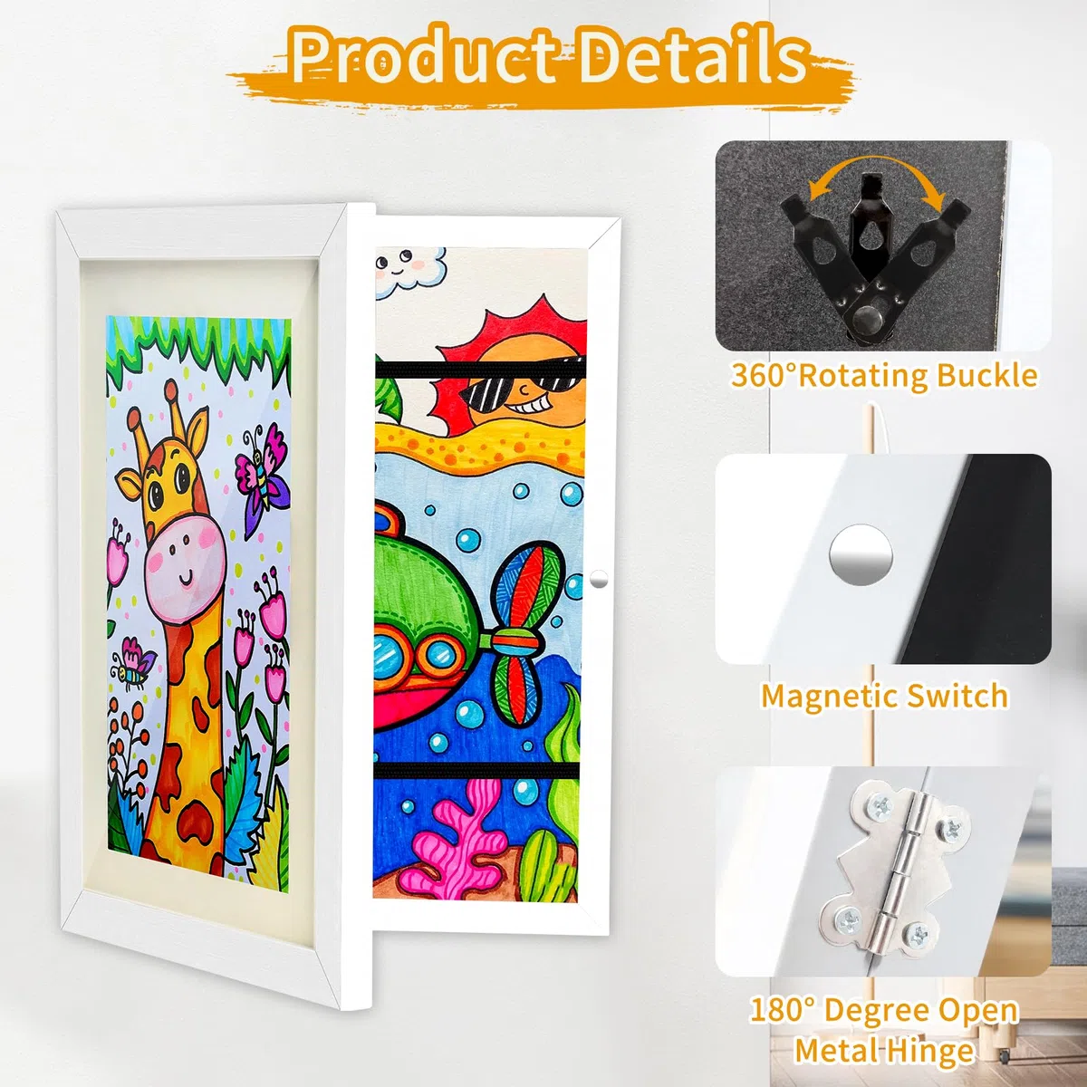 Cornice Porta Disegni per Bambini,2 pezzi Cornici Artistiche per Bambini Cornice A4 cornice pieghevole apertura frontale,Contiene Fino a 150 Opere d'arte Bordo in legno, Bianco