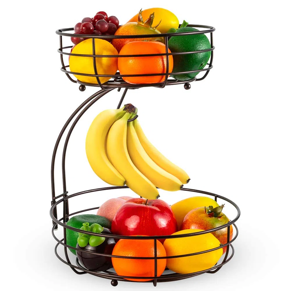 Cestino per Frutta a 2 Ripiani Con Porta Banana, per Verdura, in Metallo, per Tutti i Giorni, per la Cucina, in Bronzo