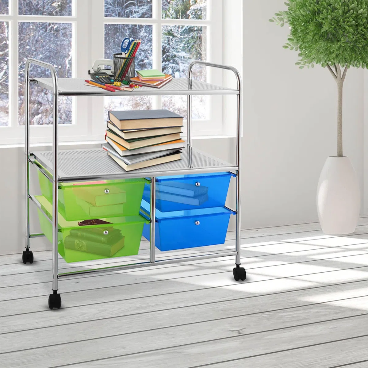 COSTWAY Carrello con 4 Cassetti e 2 Ripiani, Carrello Portaoggetti con Ruote per Cucina Bagno Ufficio, Multiuso, 58,5x37x75 cm (Blu+Verde)