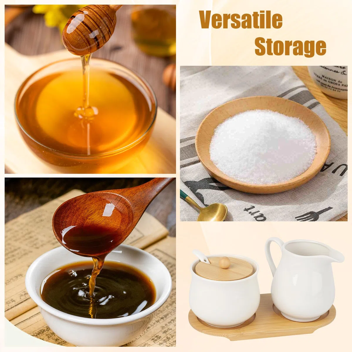 Set di latte e zucchero, set di porcellana per servire caffè e tè con coperchio e cucchiaio, zucchero e brocca con supporto in legno, adatto per microonde e lavastoviglie (bianco)