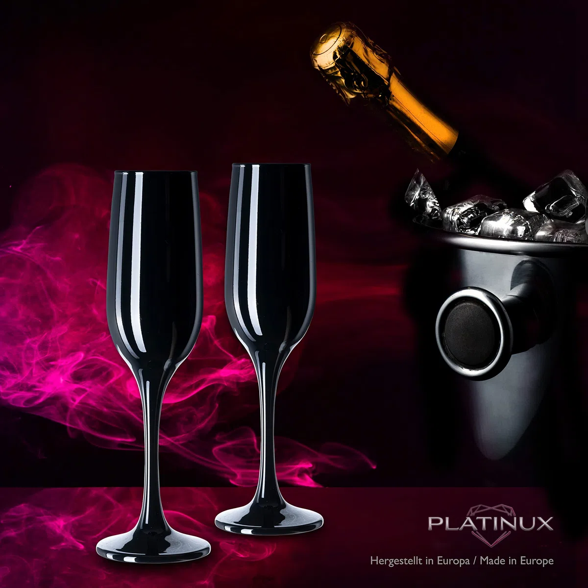 PLATINUX - Set di 6 bicchieri da spumante in vetro nero, design robusto, massimo 210 ml