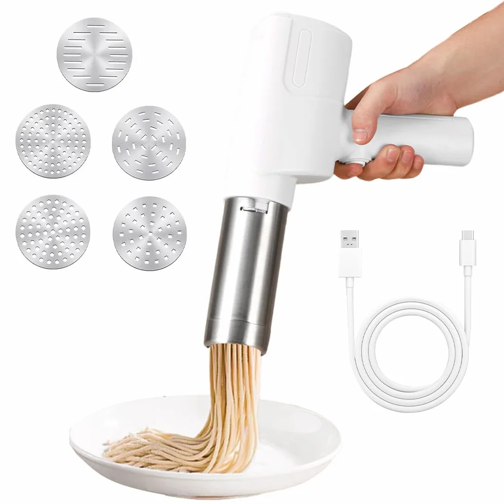 Macchina per pasta elettrica palmare, macchina ricaricabile automatica 2000mAh, 5 stampi per pasta fatta in casa, spaghetti/maccheroni