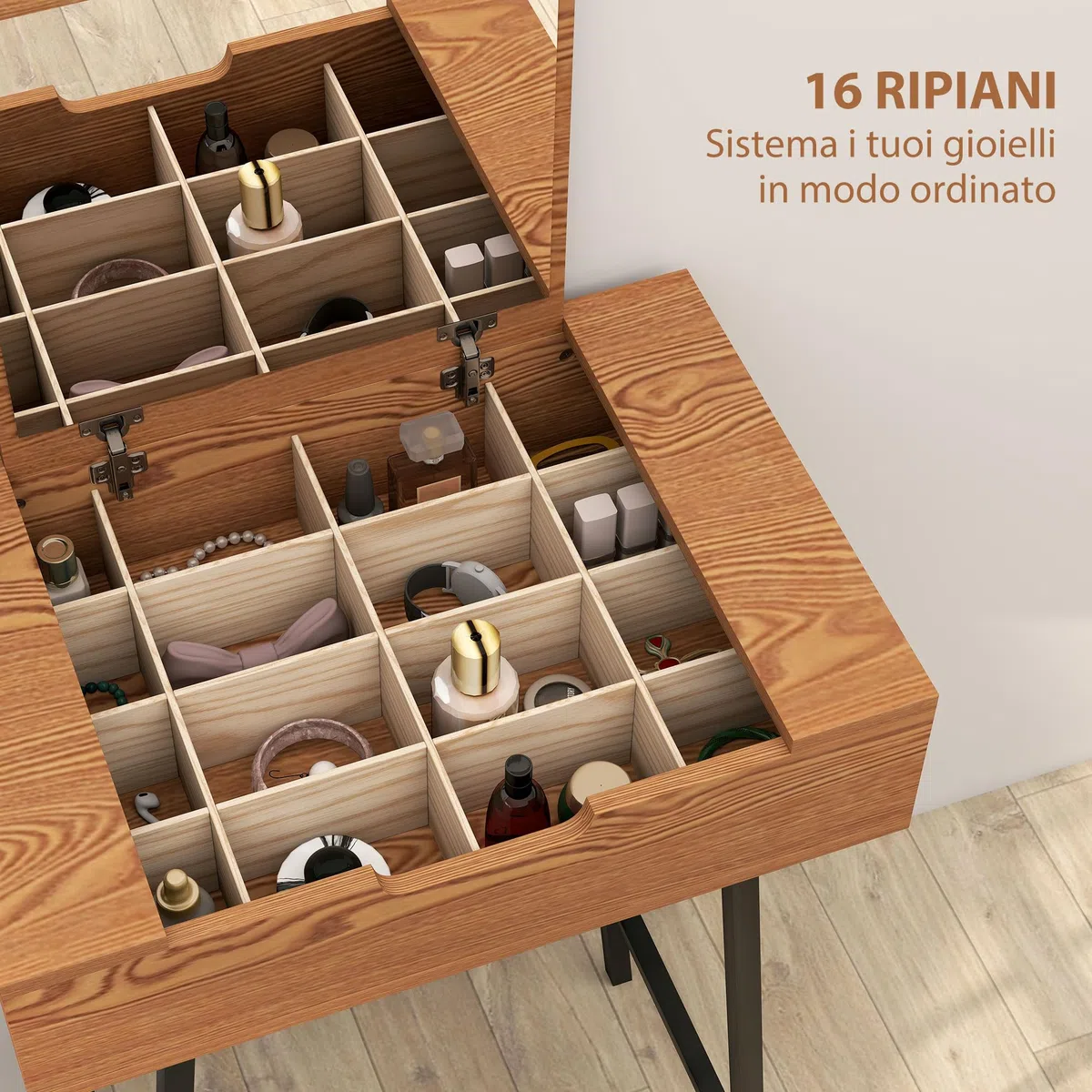 HOMCOM Toeletta Trucco Elegante con Specchio Ribaltabile e 16 Scomparti Nascosti, Tavolo da Trucco in Legno e Acciaio Moderno, Postazione Make Up per Camera da Letto, 60x40x90 cm, Colore Legno