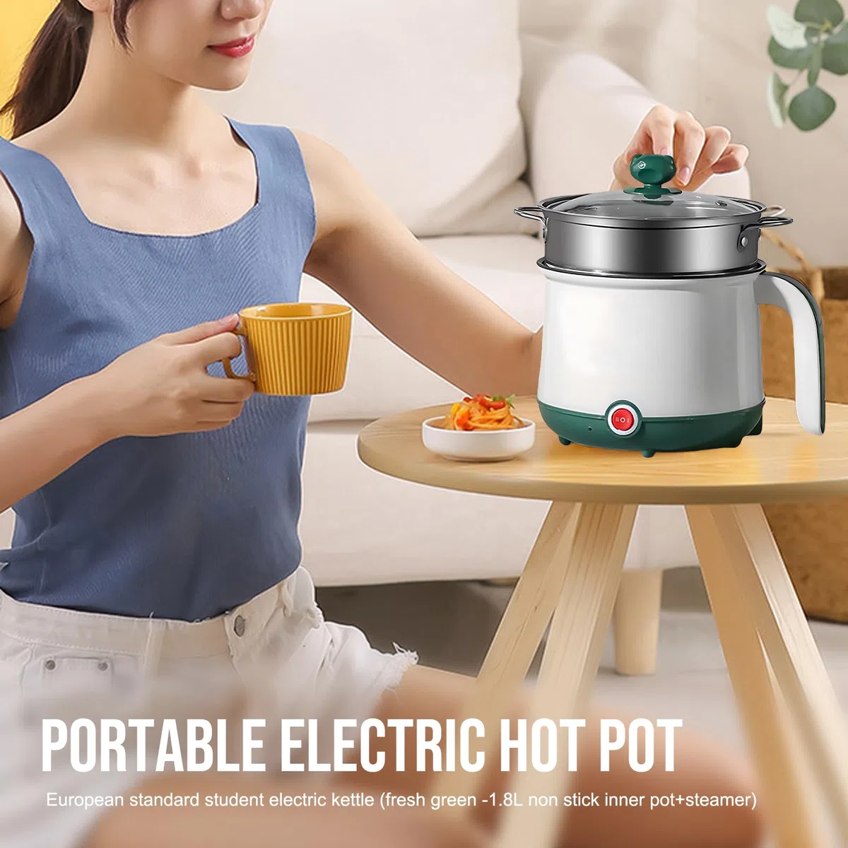 Mini fornello antiaderente, 1,8 l, pentola elettrica, pentola portatile, mini fornello portatile per bistecca, pasta, uova, avena, ramen, con vapore, verde (bianco + verde)