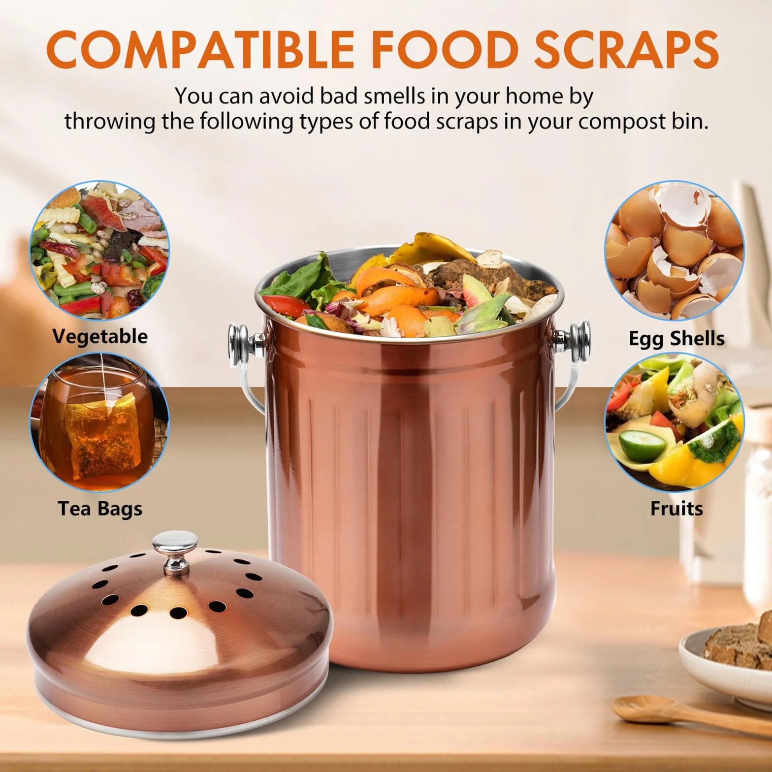 ENLOY Cestino per compost da piano di lavoro da cucina, secchio per compost in acciaio inossidabile color rame opaco da 4,9 litri con coperchio, secchio per rifiuti alimentari inodore con 2 filtri al