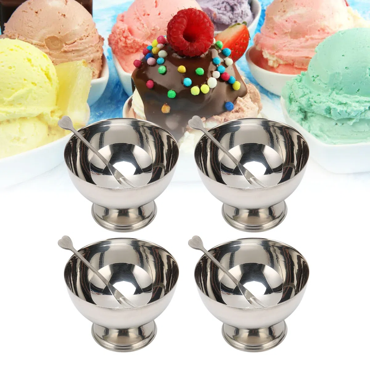 4 Pezzi Ciotole per Gelato in Acciaio Inossidabile, 200ml Coppe da Dessert Riutilizzabili con Forchetta, Ciotole con Piede per Gelato per Snack, Caramelle, Insalata, Frutta