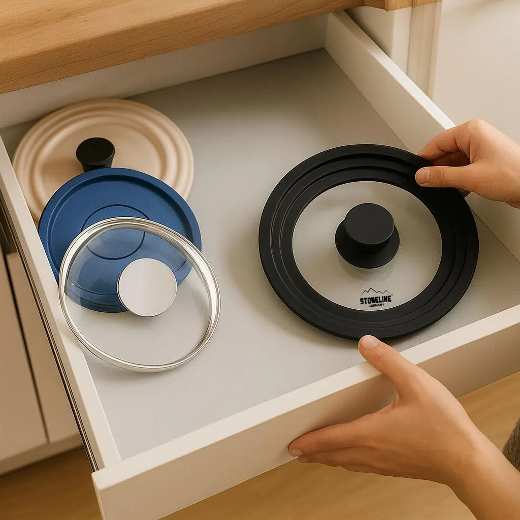 STONELINE 3 in 1 Coperchio Universale Set 2 Pezzi per Pentole e Padelle da 16/18/20 e 24/26/28 cm Coperchio in vetro Universale Bordo Silicone Platino Graduato, Resistente al Calore, 6 Misure, Nero