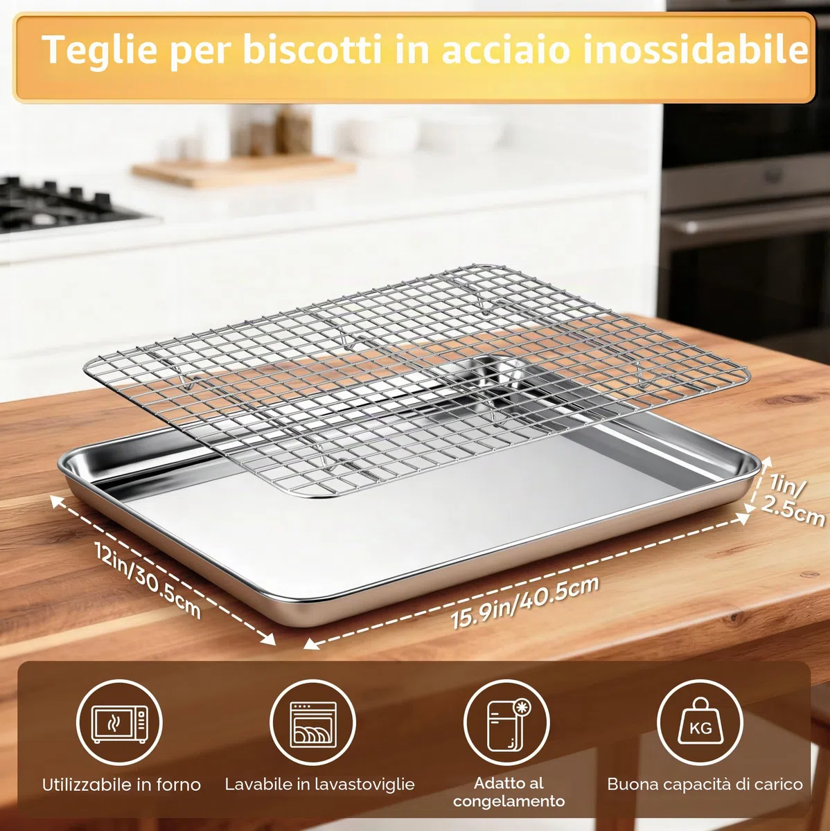 Fire More Teglia da Forno con Griglia di Raffreddamento Rimovibile in Acciaio Inox, Set da 1 Pezzo (1 teglia + 1 griglia), 40,5x30,5x2,5cm, Lucida e Antiruggine, Lavabile in Lavastoviglie