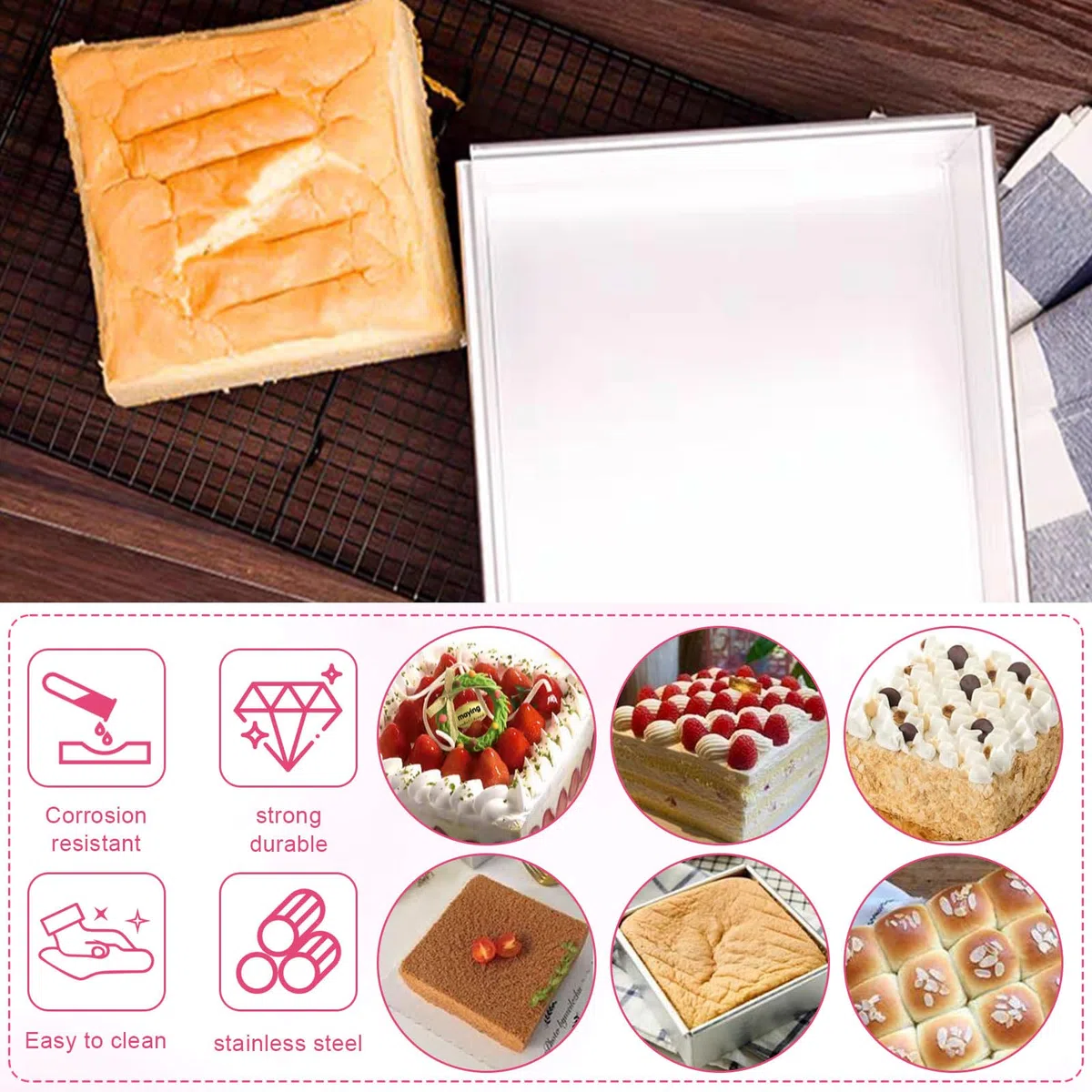 Stampo quadrato da forno da 20,5 cm in alluminio anodizzato con rivestimento antiaderente e fondo rimovibile, stampo quadrato per torta 20,5 cm