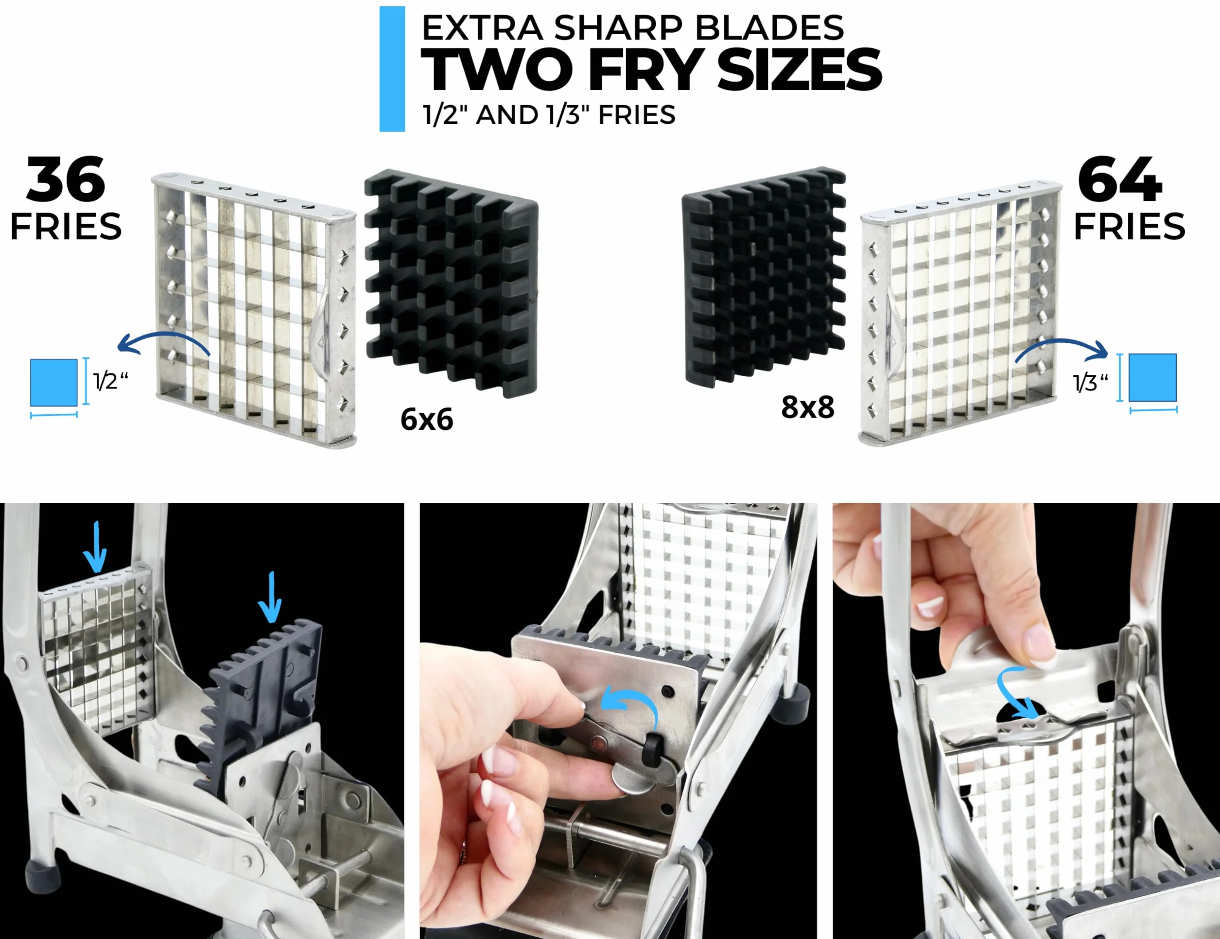 Taglia Patate ICO, Affetta Patate a 2 Lame, Tagliapatate con Tecnologia di Blocco a Suzione Antiscivolo, Tagliapatate a Bastoncino in Acciaio Inossidabile